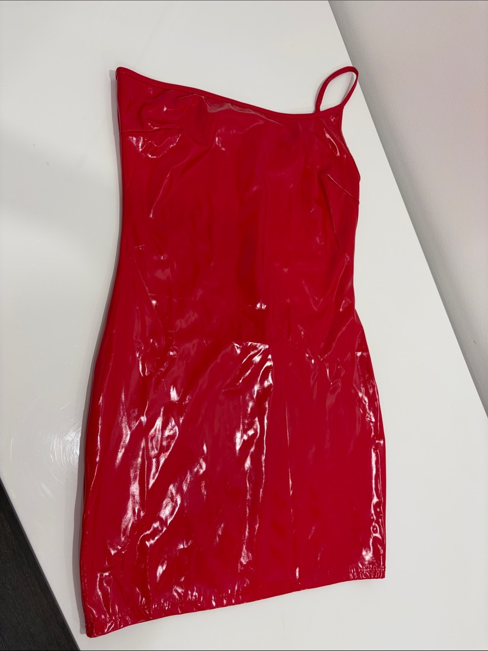 Fashion Nova Red Patent One-Shoulder Mini Dress